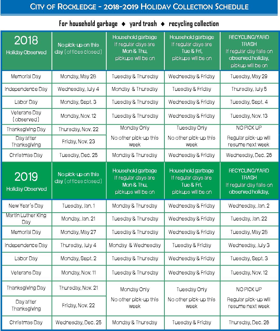 Holiday Collection Schedule 2018-2019