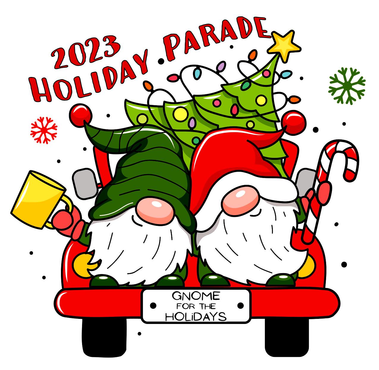 Two gnomes and a Christmas tree in the back of a pickup truck with license plate