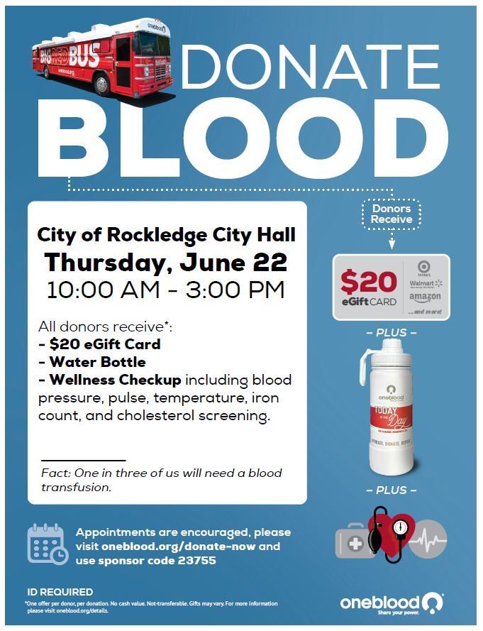 Blood Drive Flyer, includes images of blood bus, eGift Card, water bottle, and health symbols
